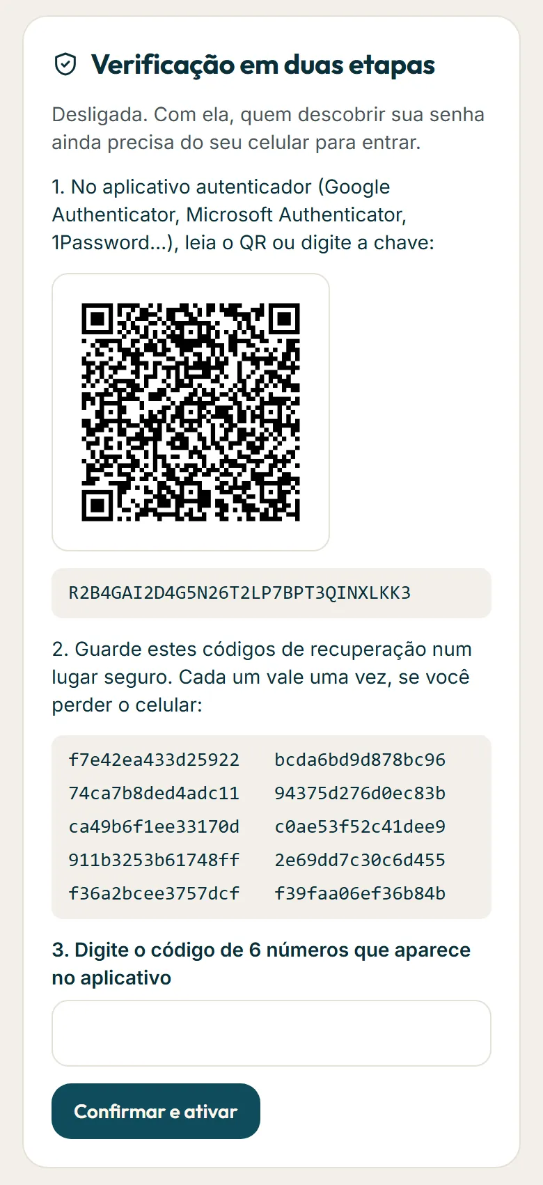 Ativação da verificação em duas etapas