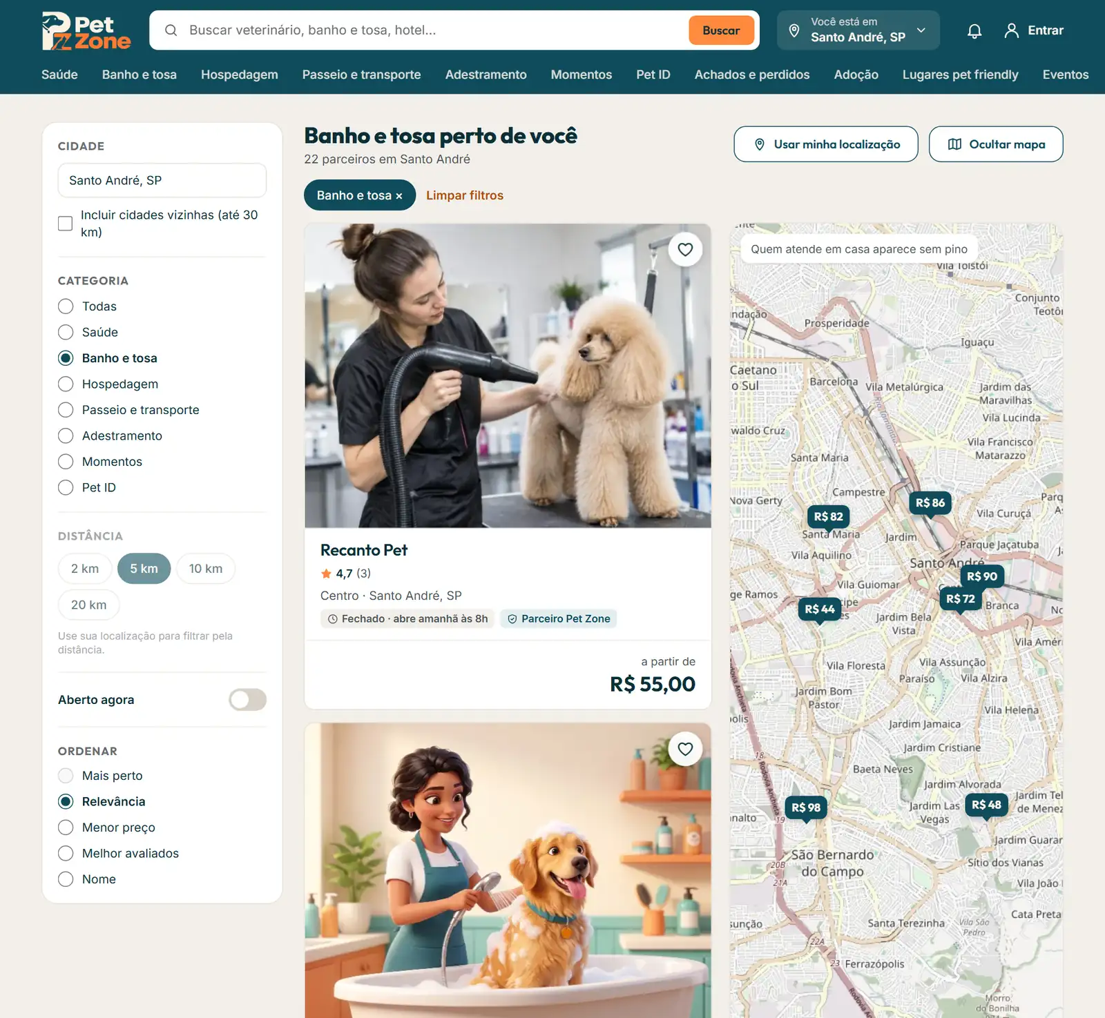 Busca com filtros e mapa