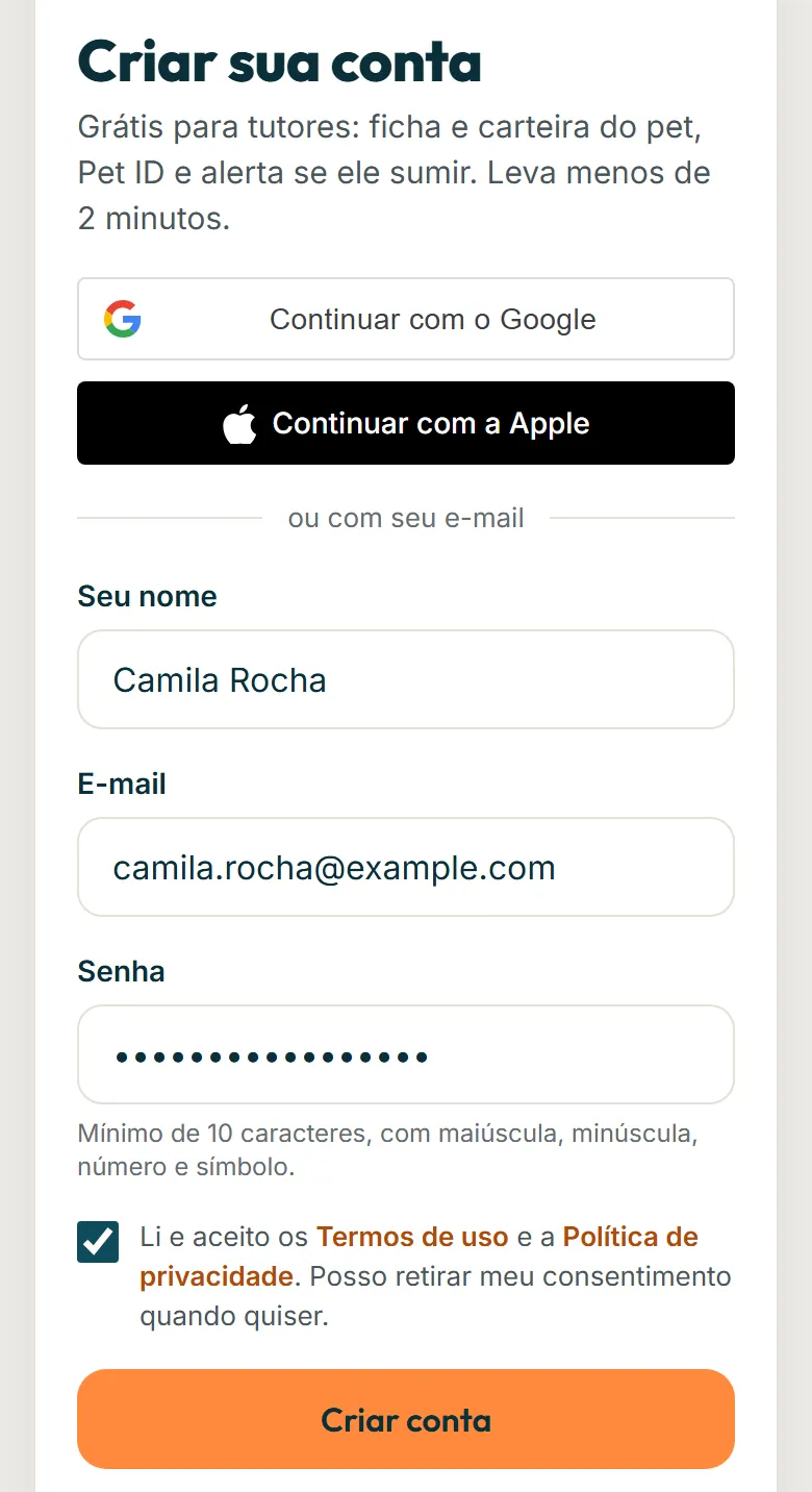 Tela Criar sua conta