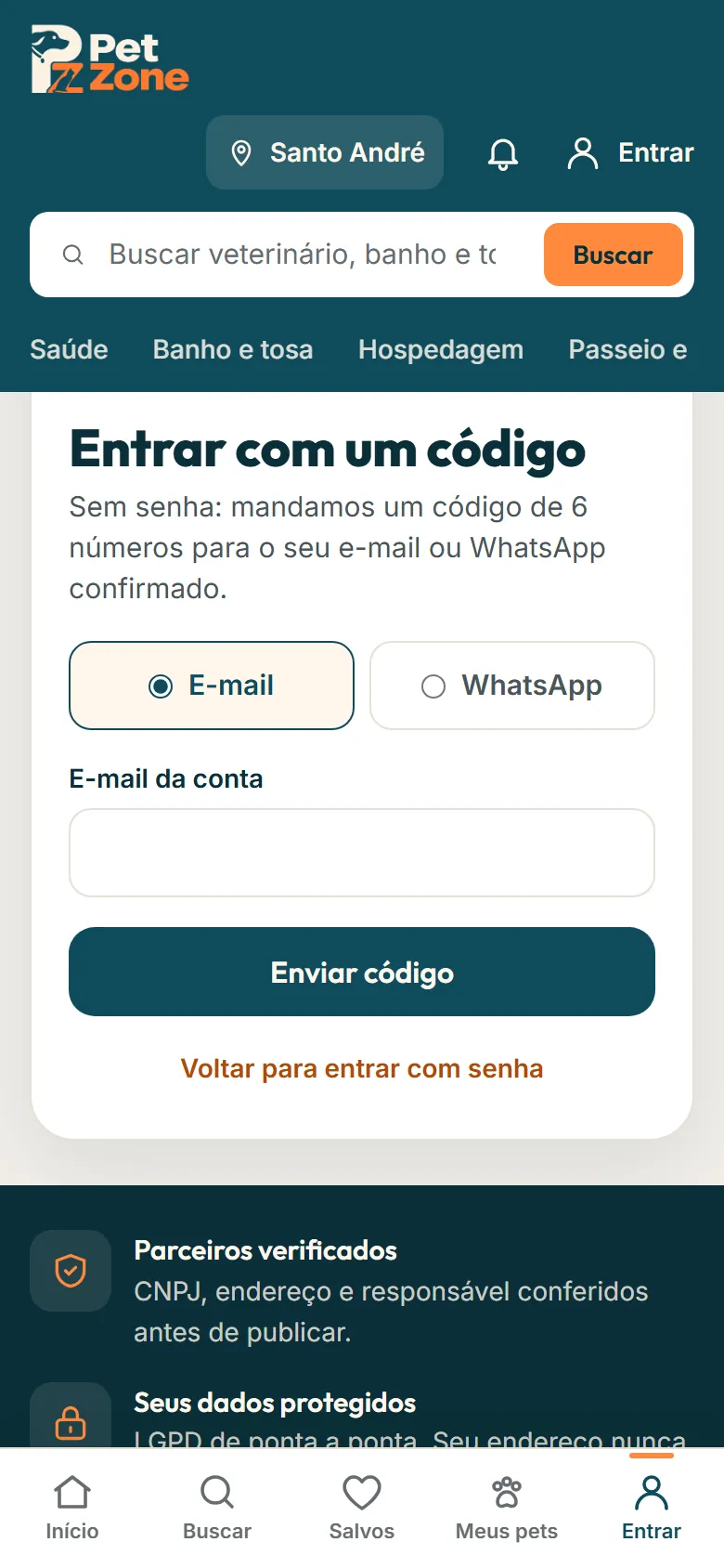 Tela Entrar com um código