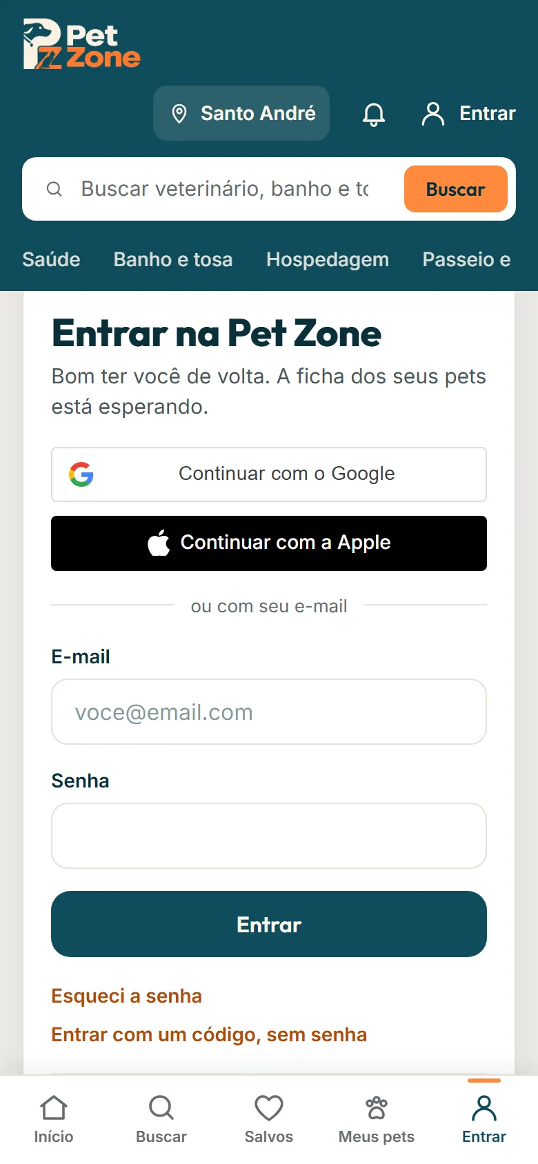 Tela Entrar na Pet Zone