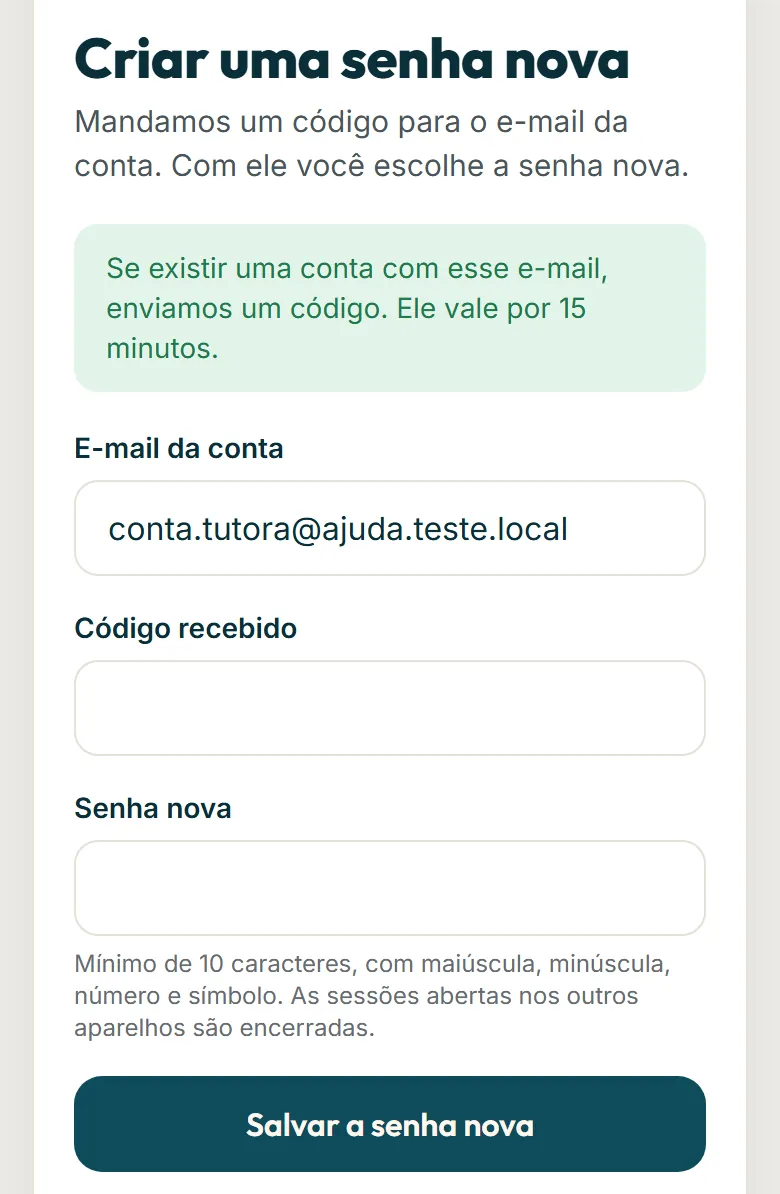 Tela Criar uma senha nova