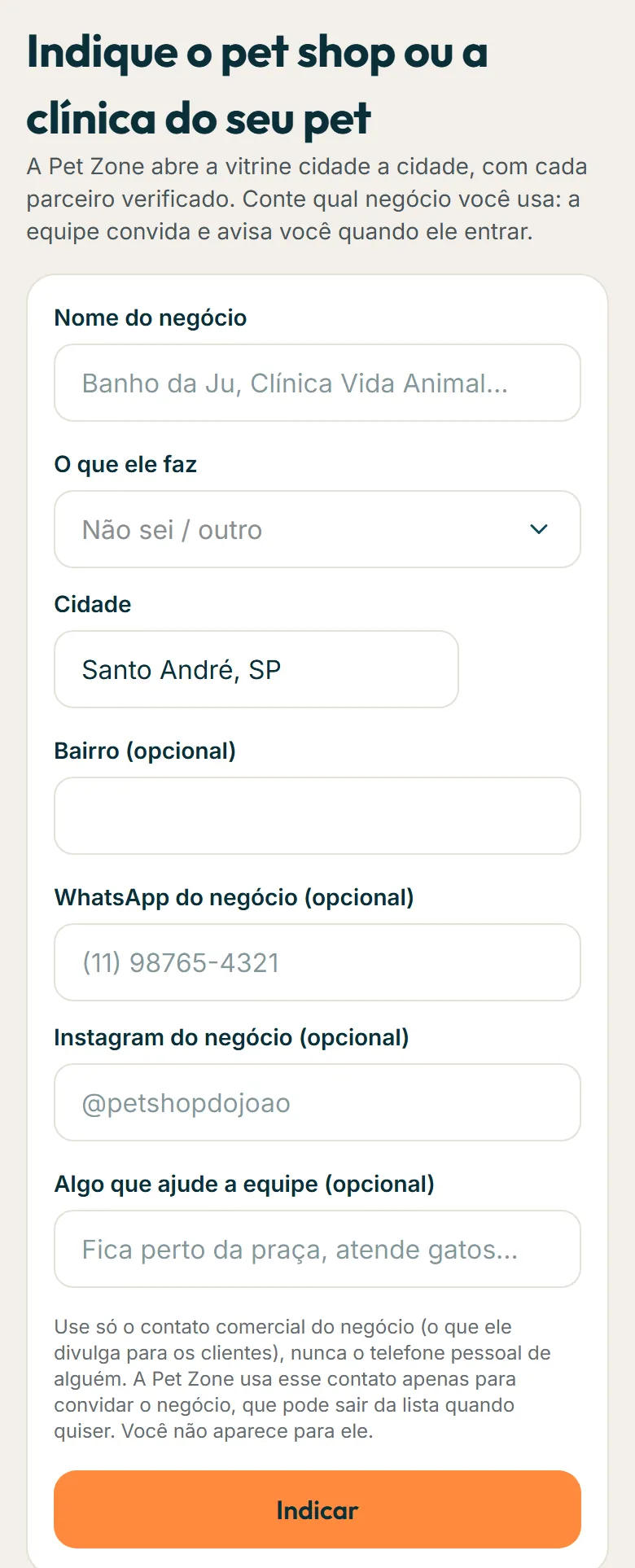 Formulário para indicar um negócio