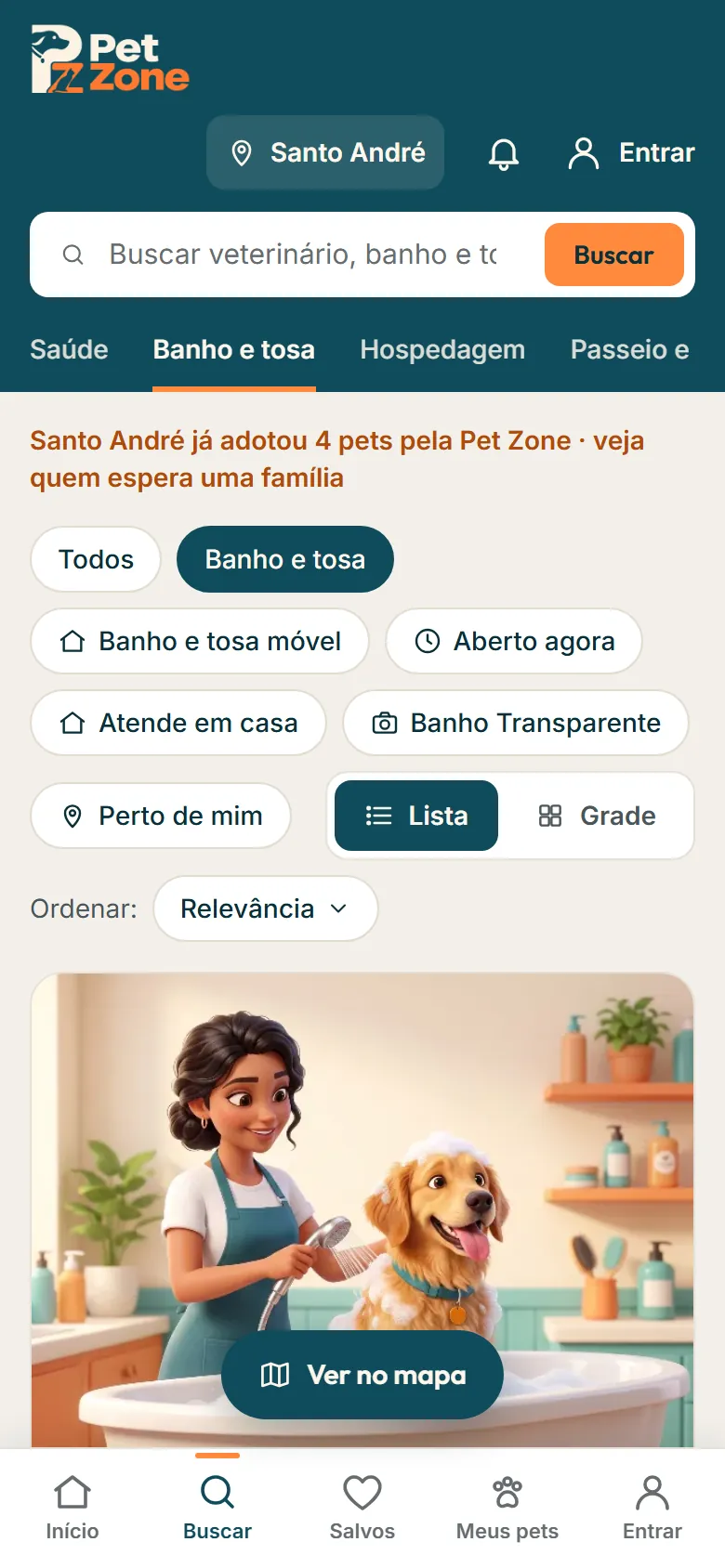 Página de banho e tosa de uma cidade