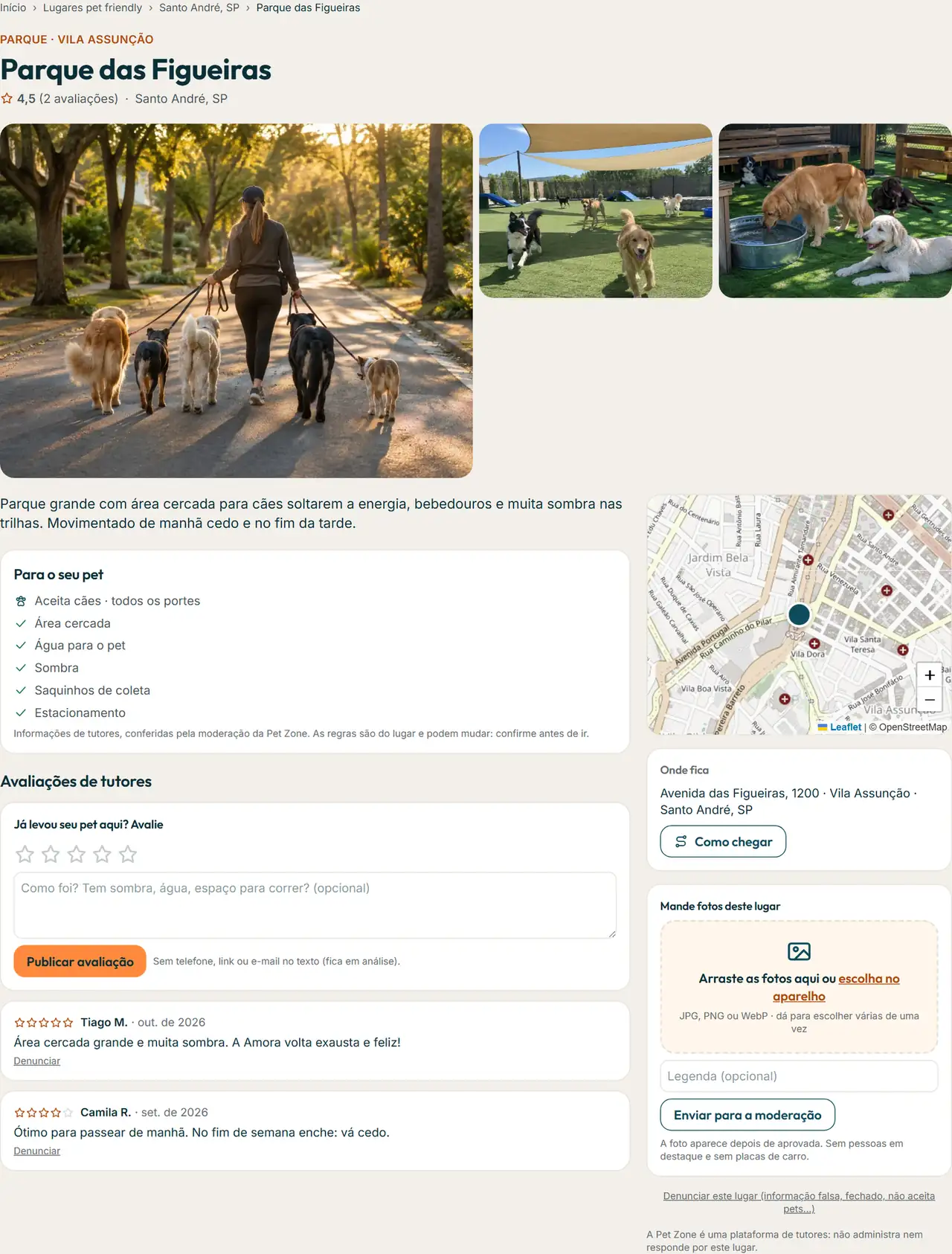 Página de um lugar pet friendly