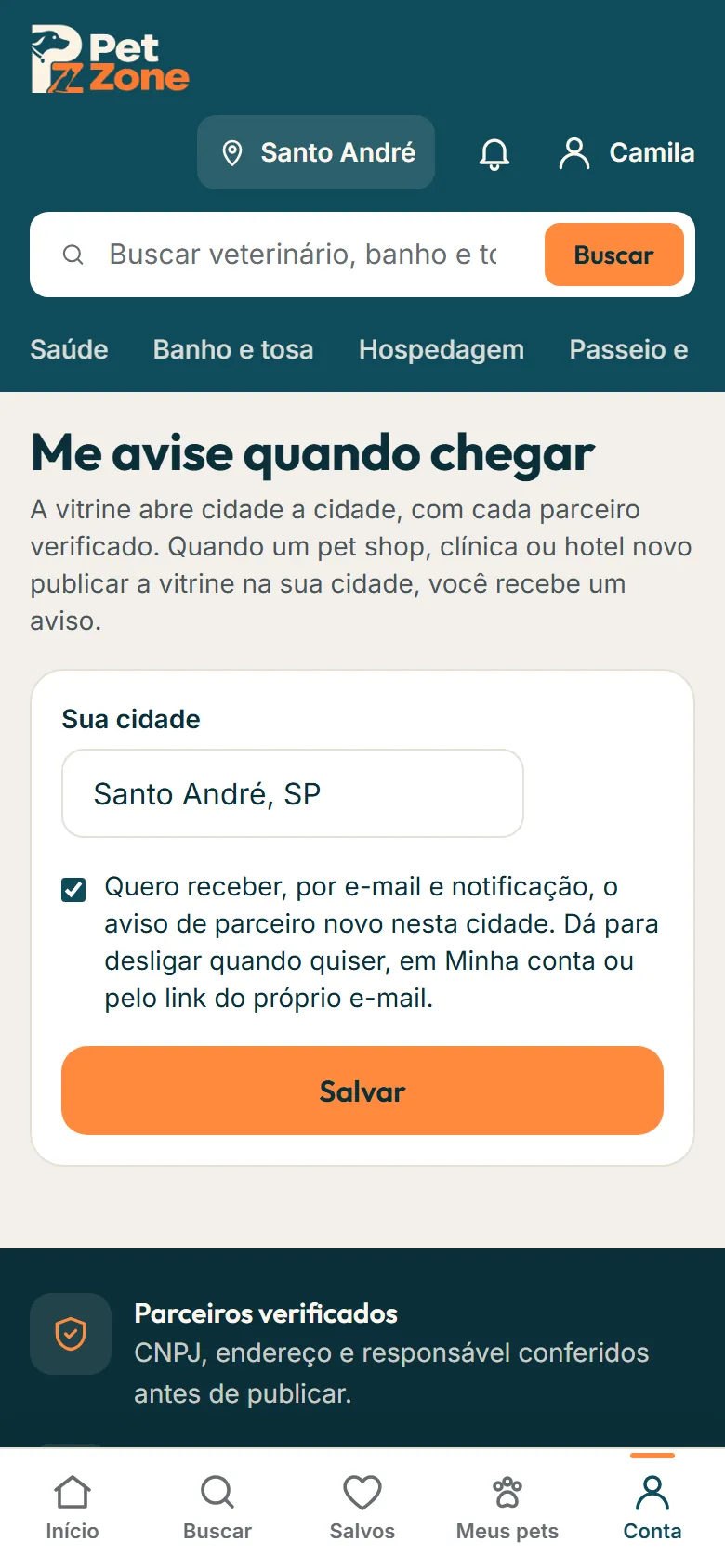 Tela Me avise quando chegar