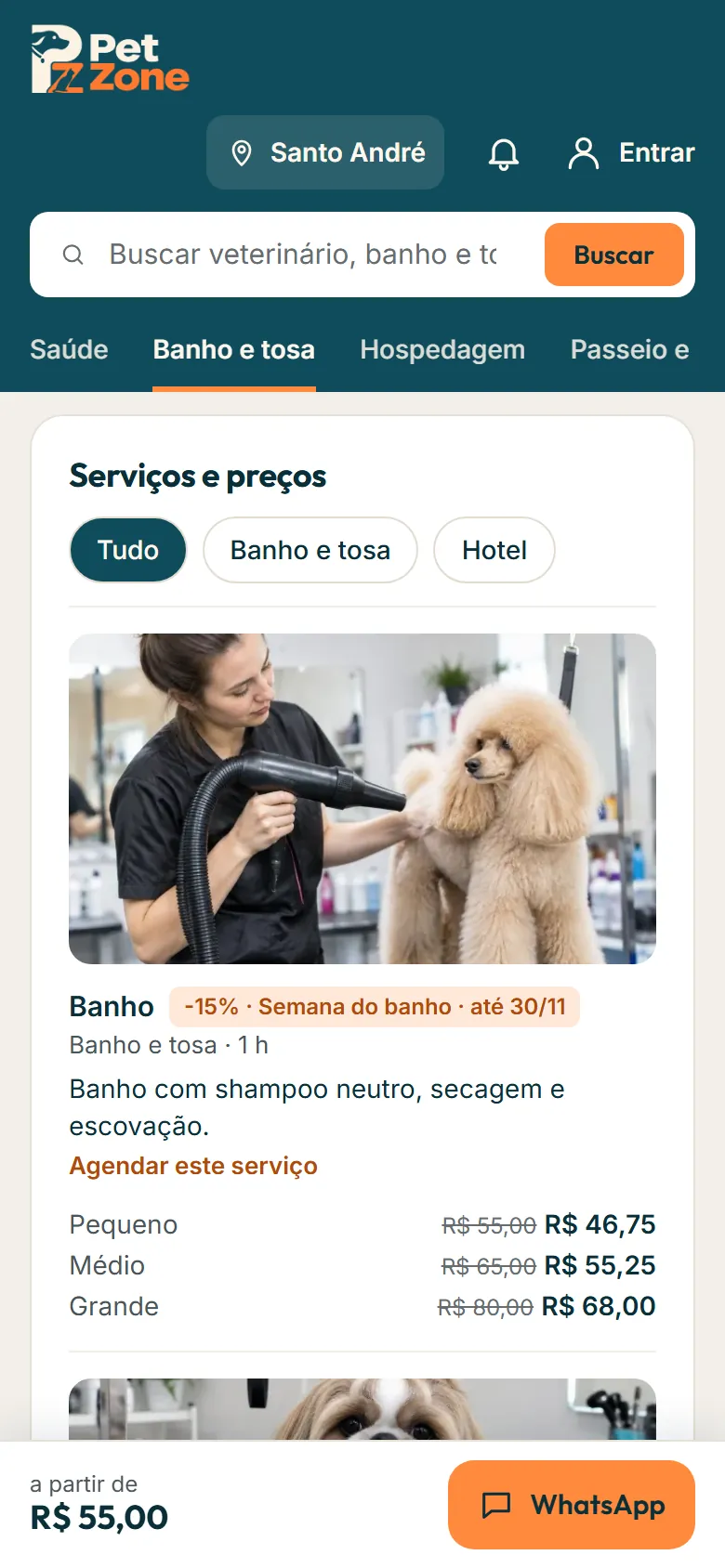 Serviços e preços com abas