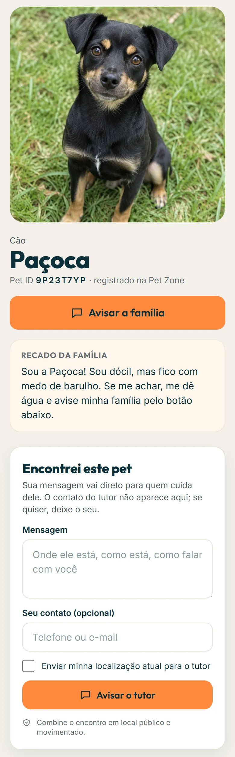 Página do Pet ID com o formulário Encontrei este pet