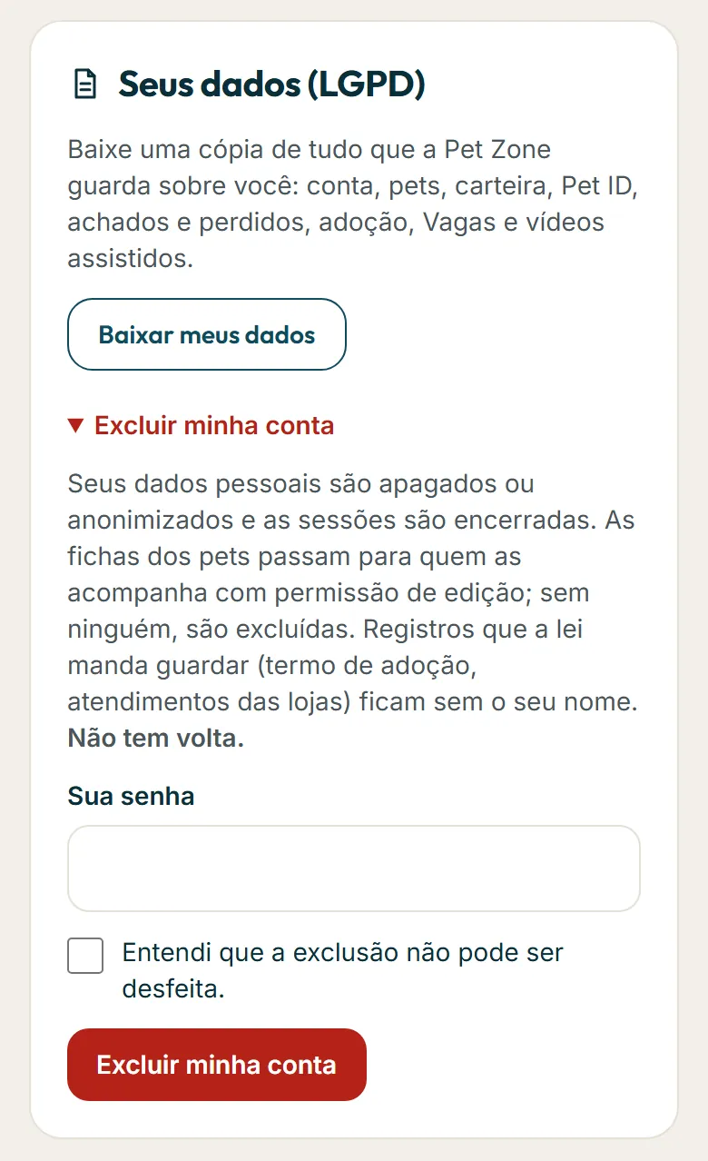 Seção Seus dados (LGPD)