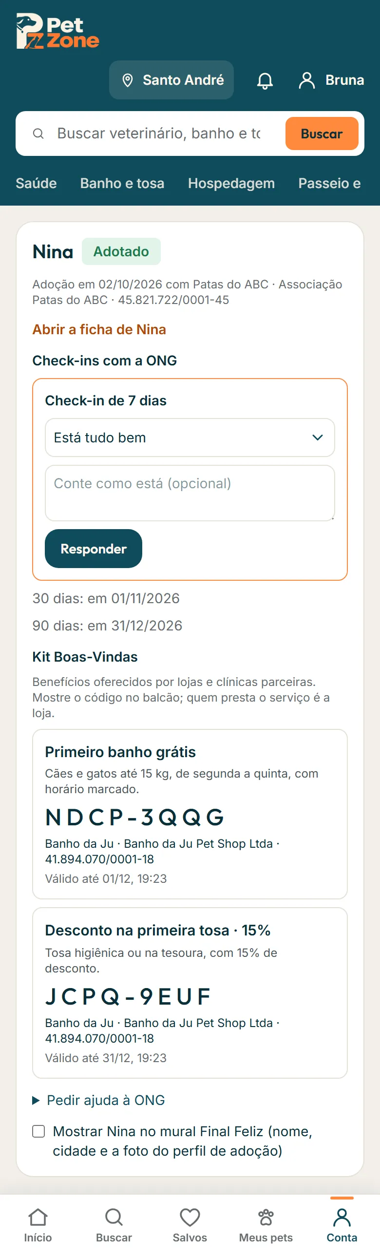 Minhas adoções do adotante com o check-in aberto e o Kit Boas-Vindas