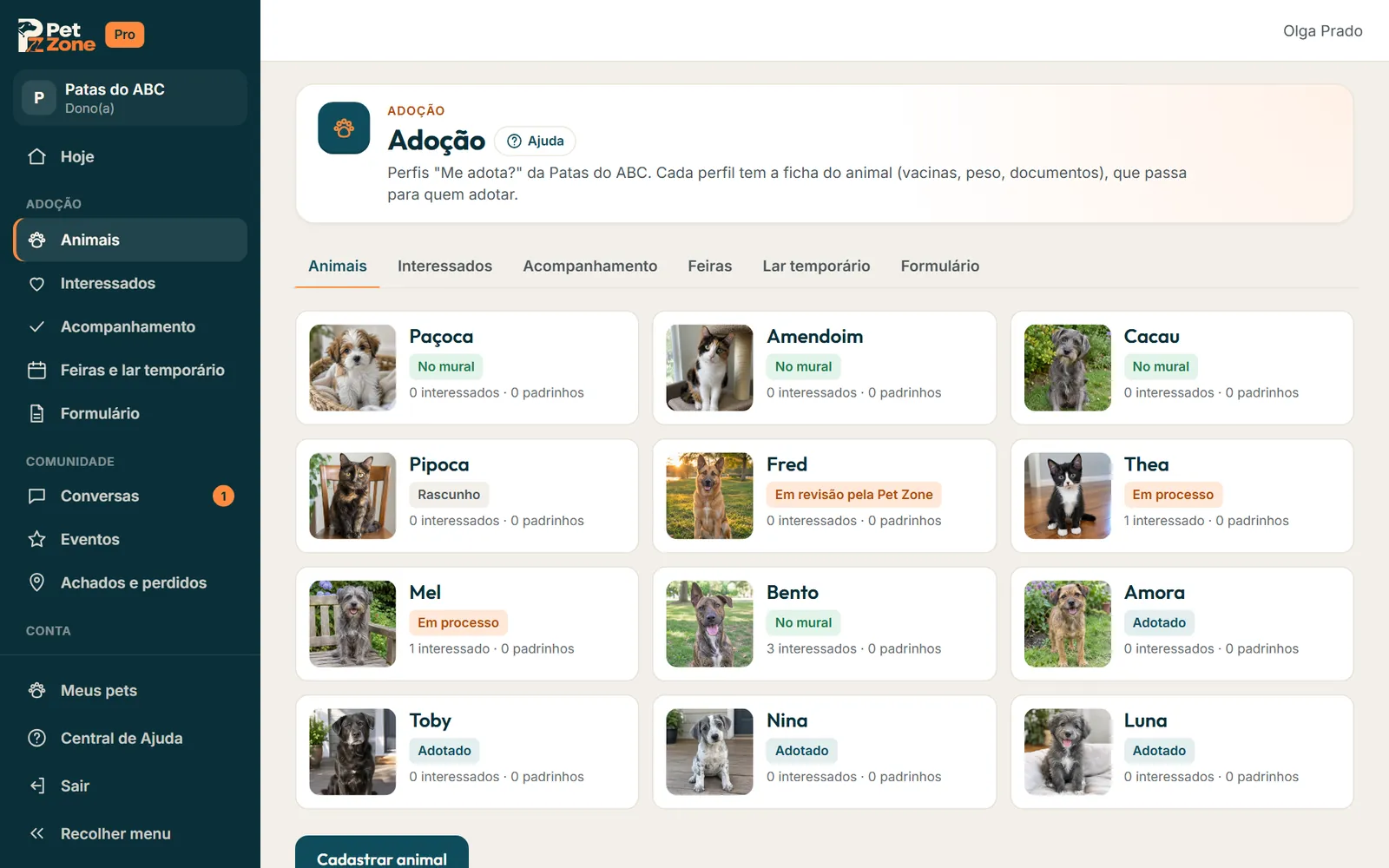 Lista de Animais com o status de cada perfil