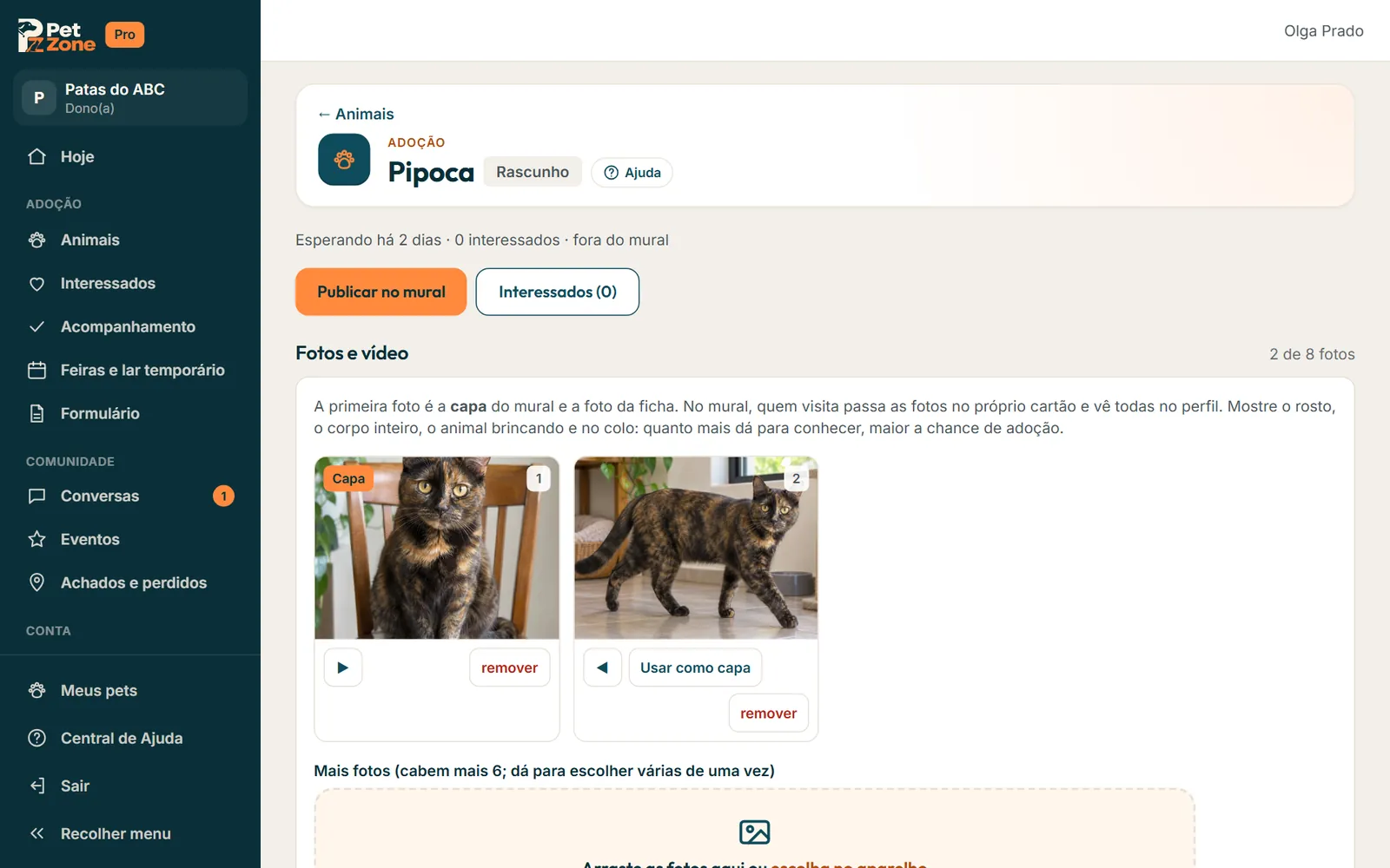 Botão Publicar no mural no topo do perfil do animal