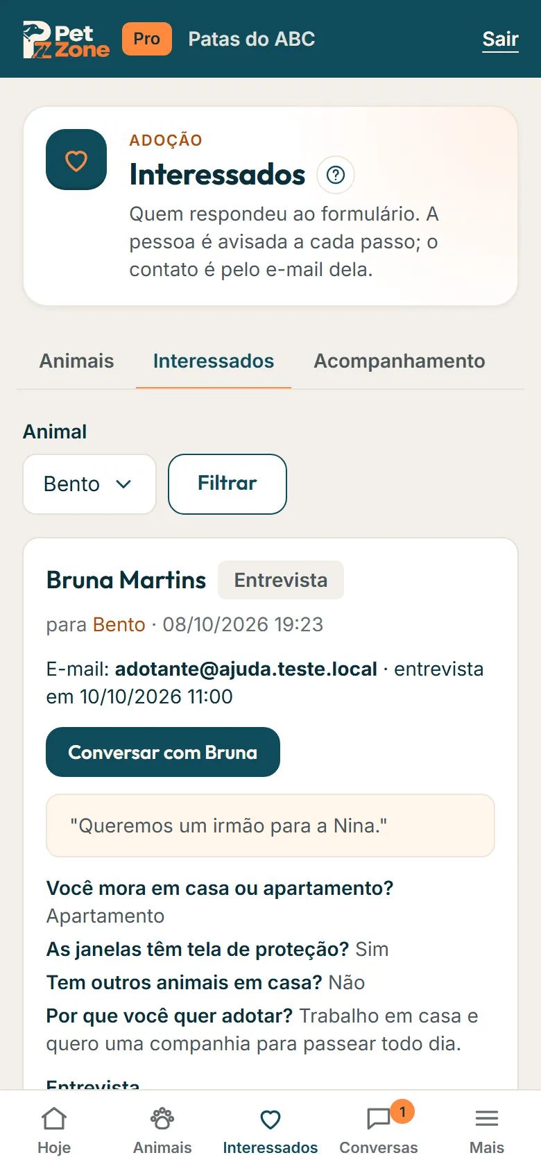 Filtro por animal no topo da lista de interessados
