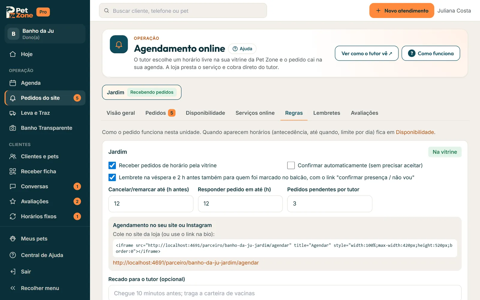Aba Regras com Receber pedidos de horário pela vitrine, confirmação automática e os prazos