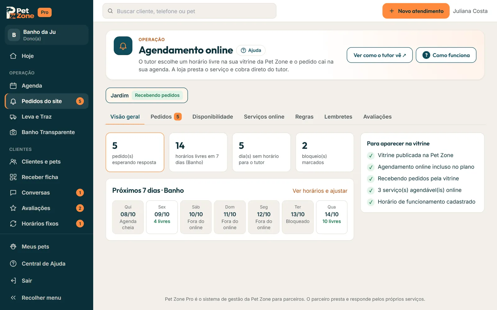 Visão geral do agendamento online com os números da semana e o quadro Para aparecer na vitrine