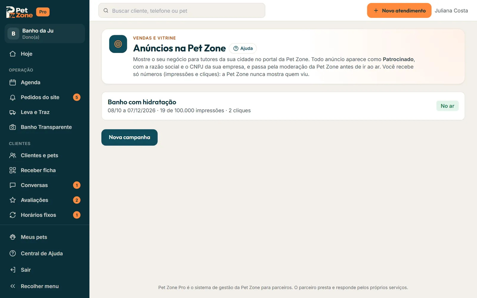 Anúncios na Pet Zone com uma campanha no ar e o botão Nova campanha