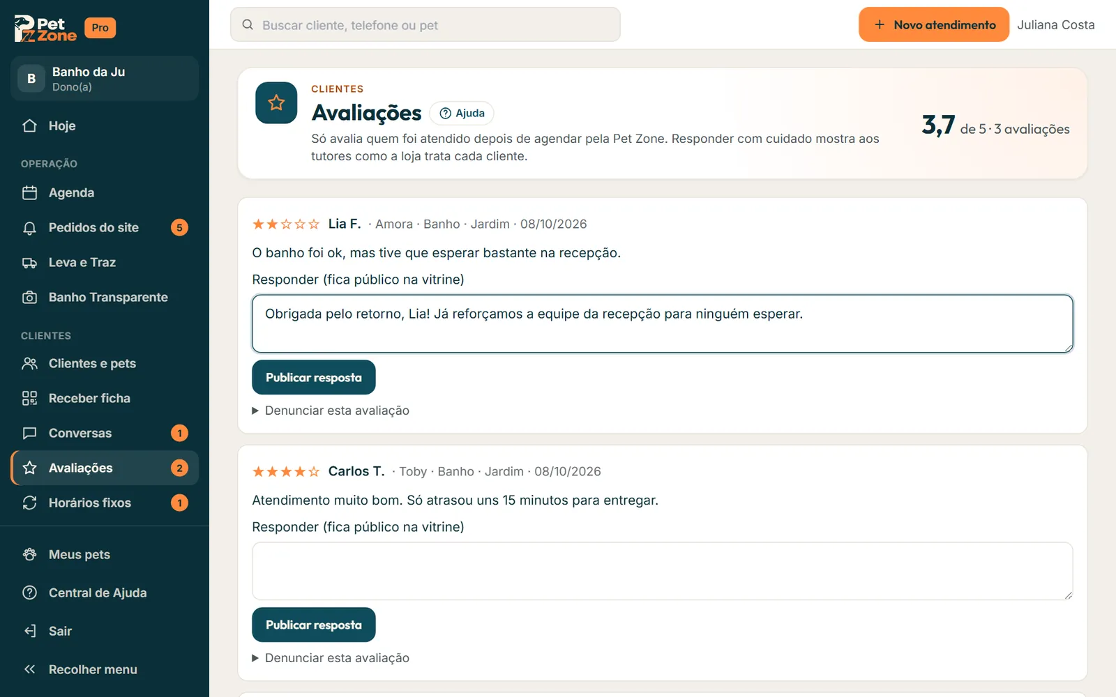 Avaliações com a média no alto, uma resposta da loja publicada e o campo para responder outra