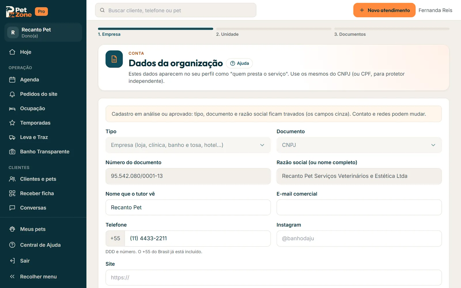 Dados da organização depois do envio, com tipo, documento e razão social travados