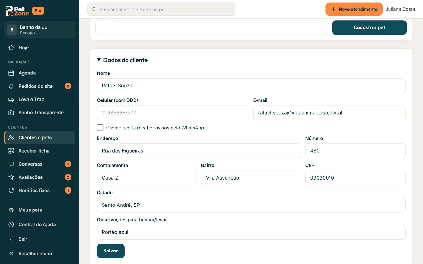 Opção do WhatsApp na ficha do cliente