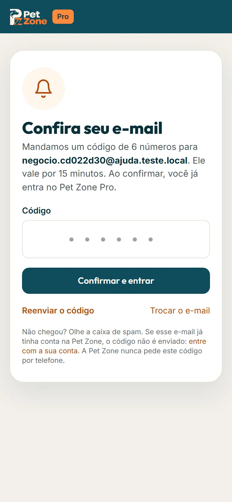 Confira seu e-mail, com o campo do código de 6 números