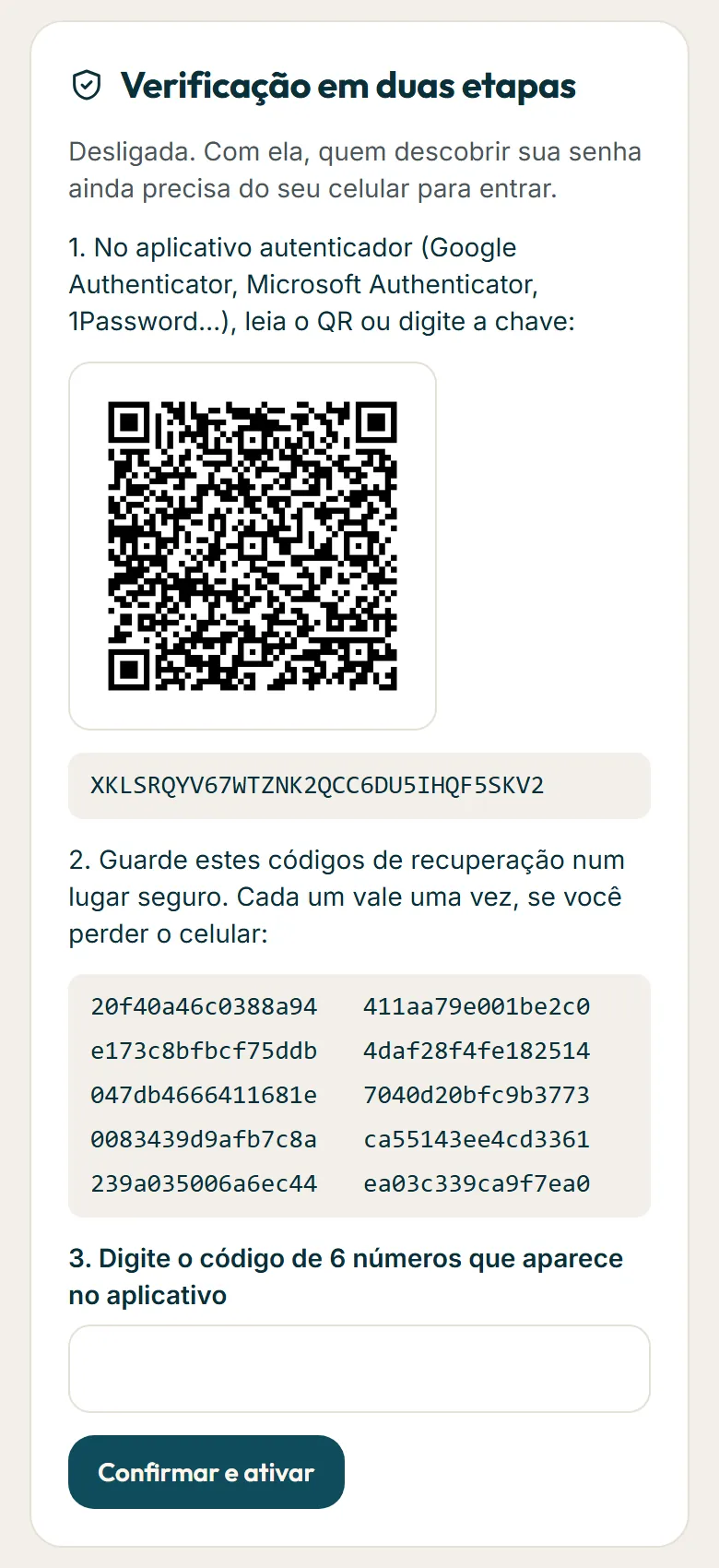 Seção Verificação em duas etapas da conta com o QR, a chave e os códigos de recuperação