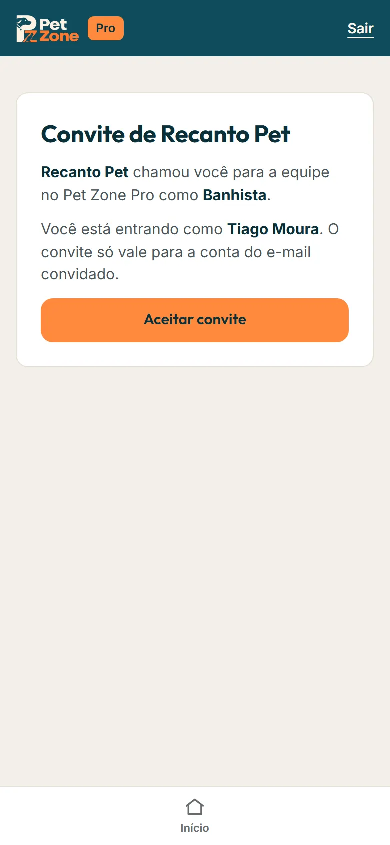 Tela Convite para a equipe com o botão Aceitar convite