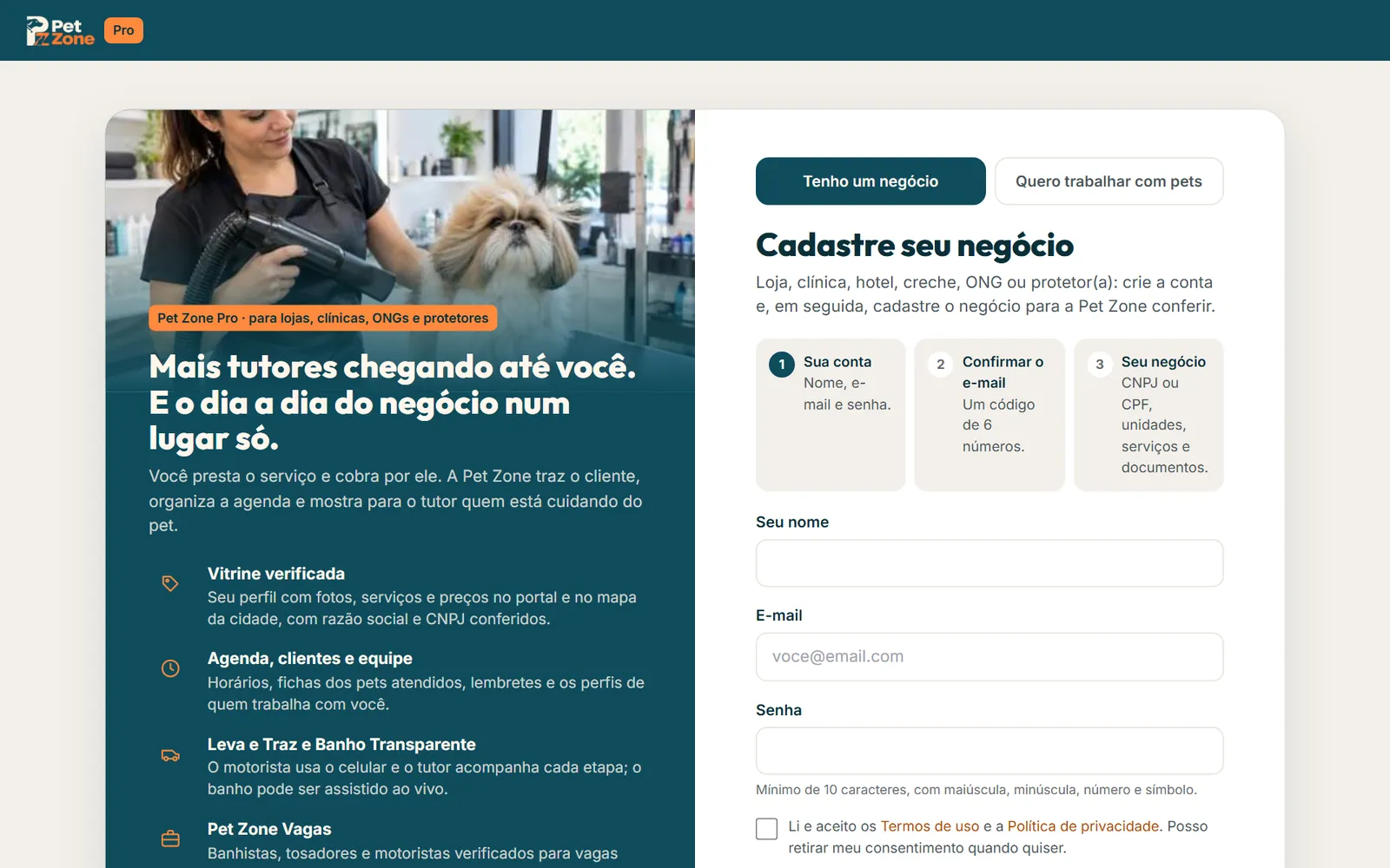 Tela Cadastre seu negócio com Tenho um negócio pet marcado e o formulário da conta