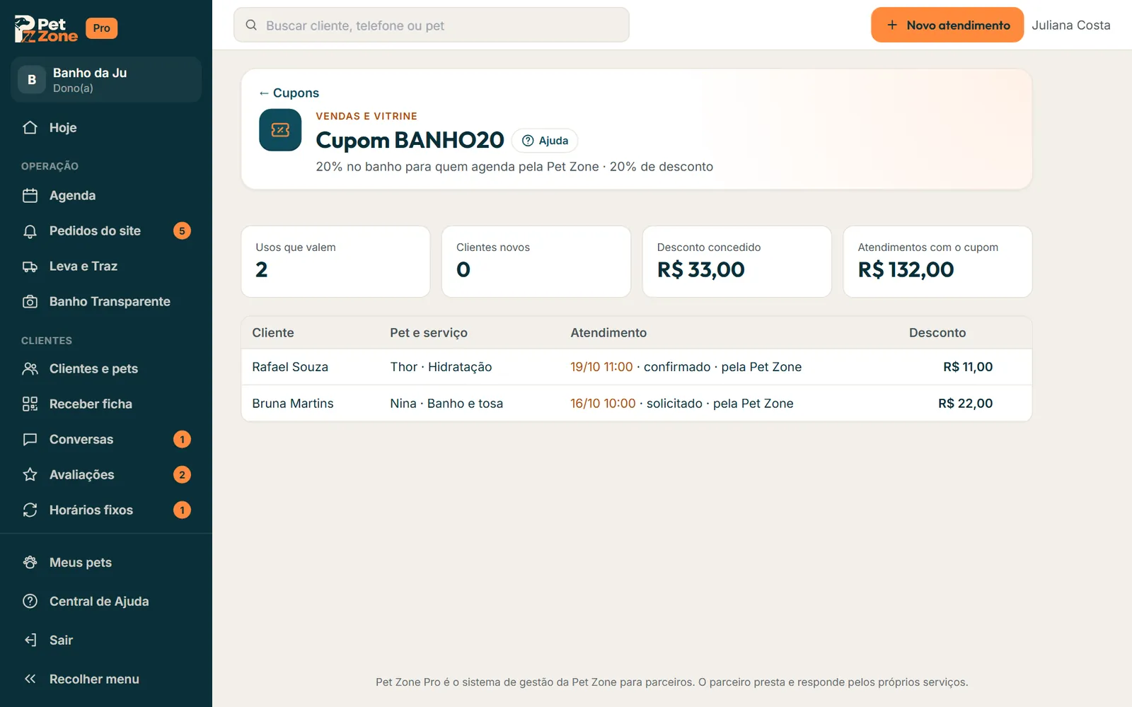 Ver quem usou o cupom BANHO20, com os clientes novos e o desconto concedido