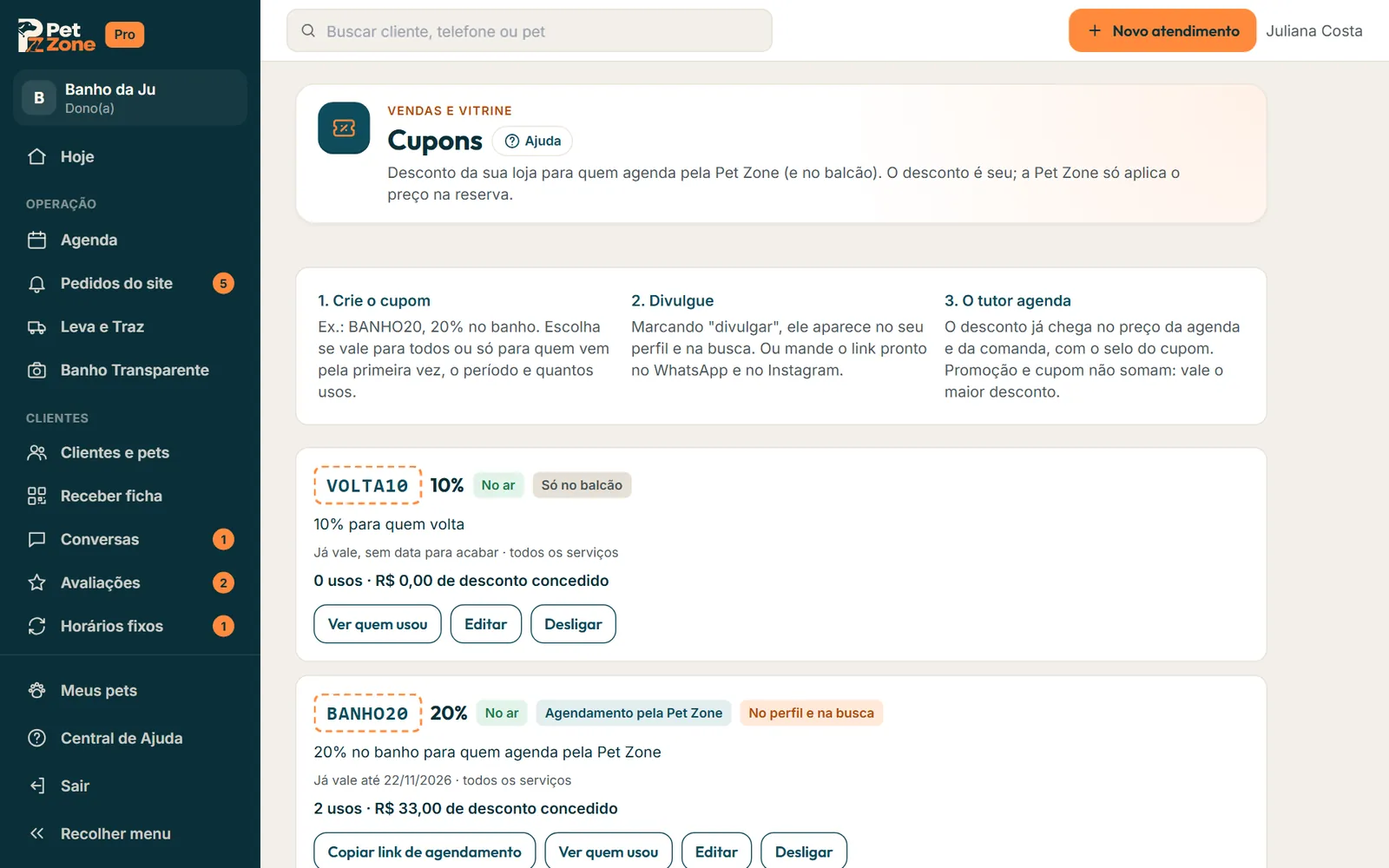 Tela Cupons com o BANHO20 No ar, divulgado no perfil e na busca, e o formulário Novo cupom