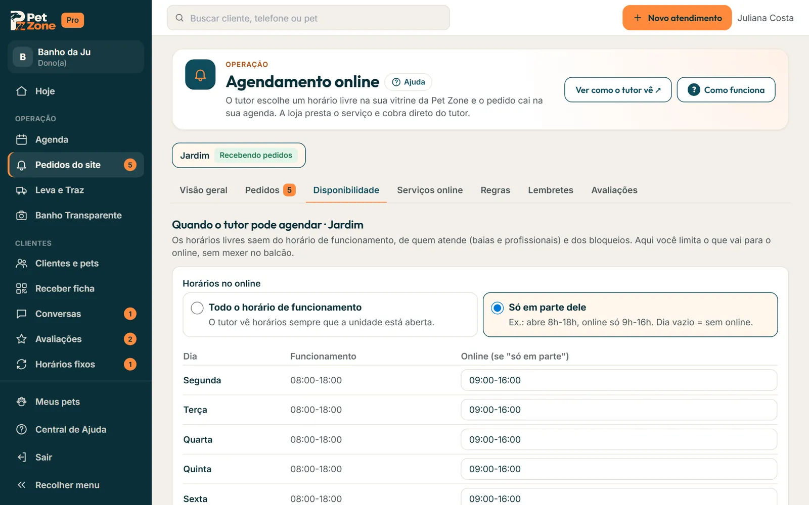 Quando o tutor pode agendar, com Só em parte dele e a tabela Funcionamento e Online por dia