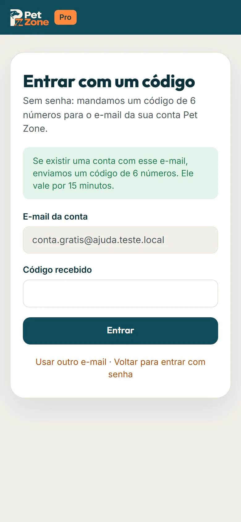 Entrar com um código, já no passo de digitar o código recebido