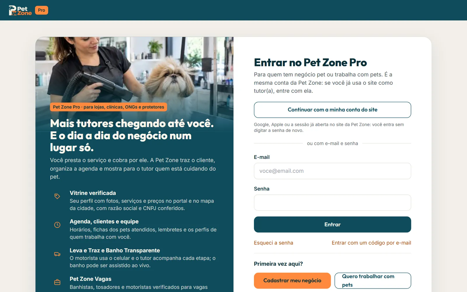 Tela Entrar no Pet Zone Pro com Continuar com a minha conta do site e o login por e-mail e senha