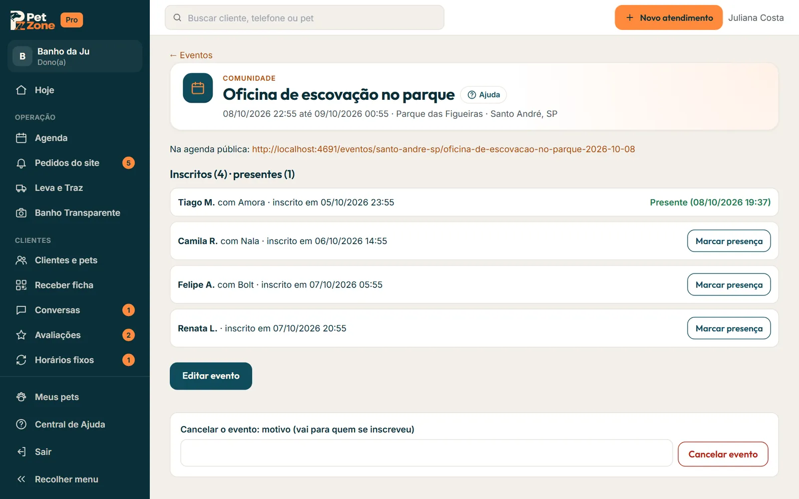 Evento aberto com os inscritos e Marcar presença