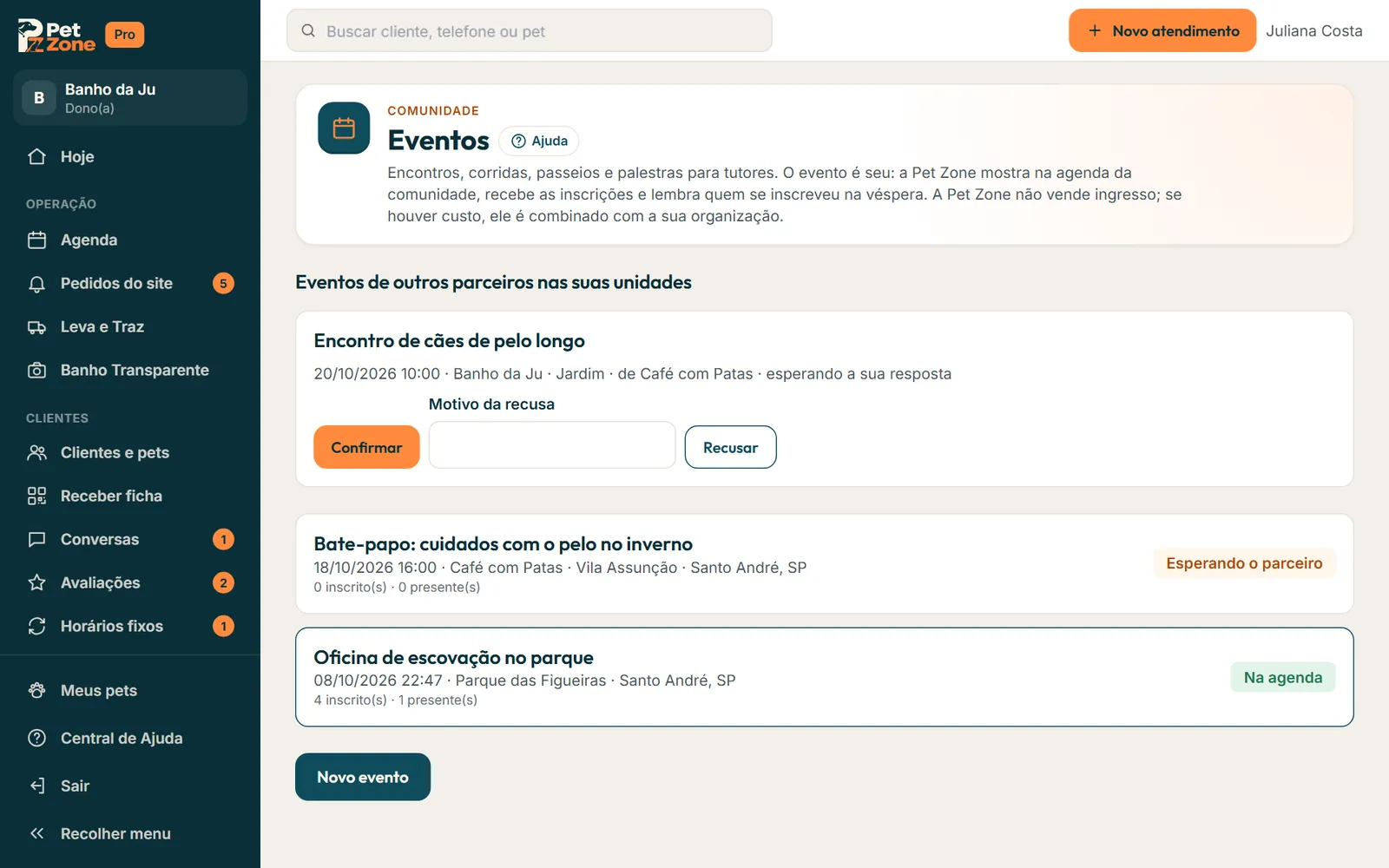 Eventos do negócio com a situação de cada um