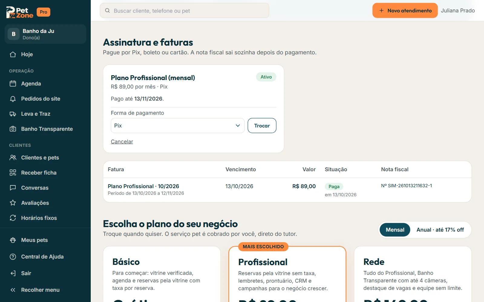 Assinatura e faturas com o contrato do plano, a forma de pagamento e a lista de faturas com Pagar e o número da nota
