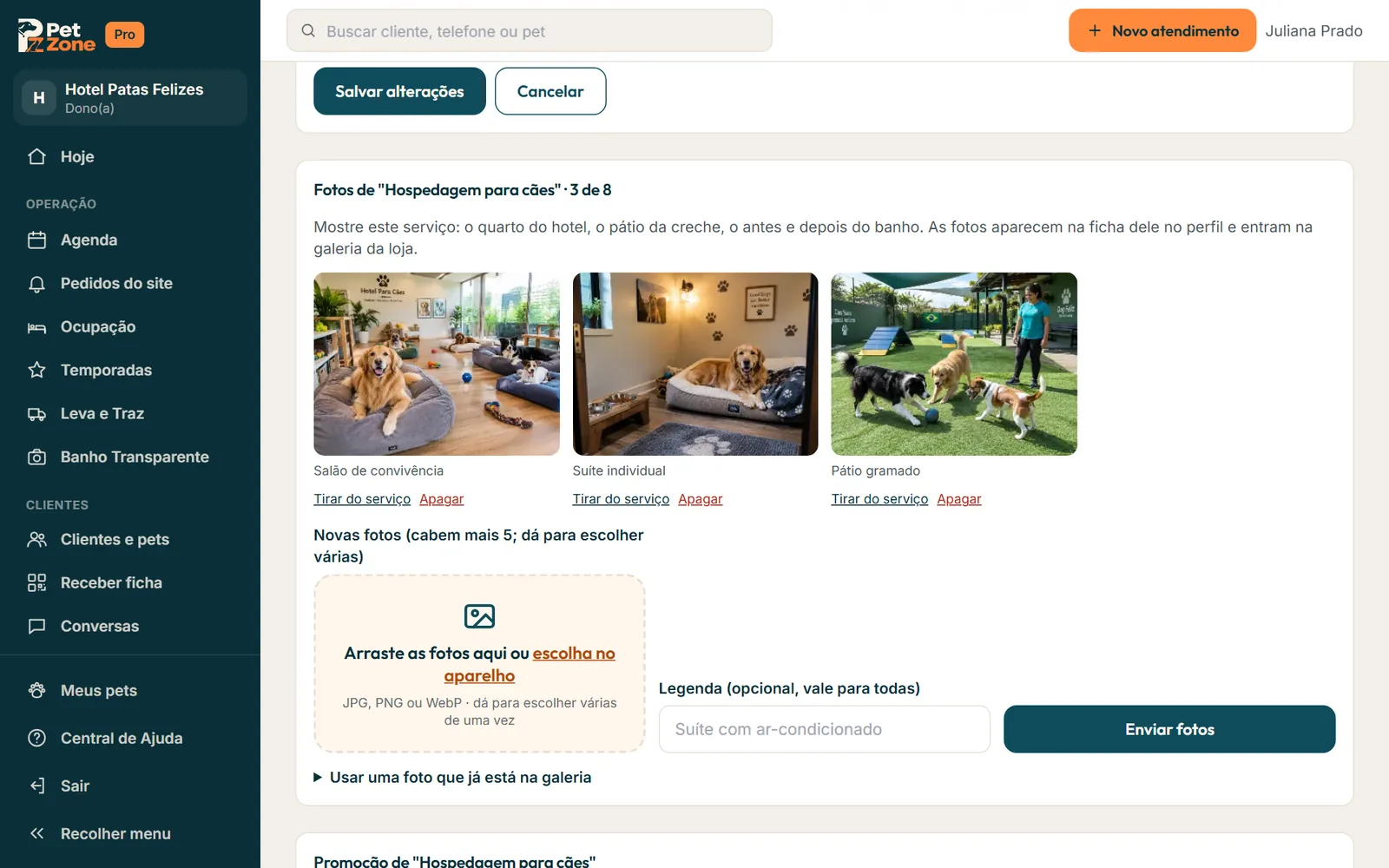 Fotos do serviço Diária de hotel com 3 de 8 fotos e o envio de novas fotos