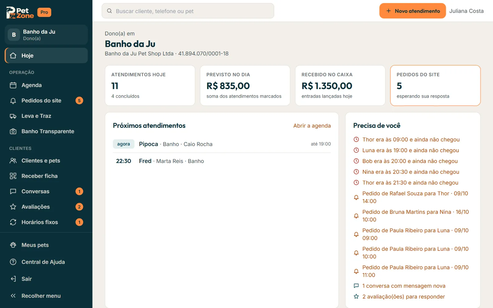 Tela Hoje com os quatro números do dia, Próximos atendimentos e Precisa de você