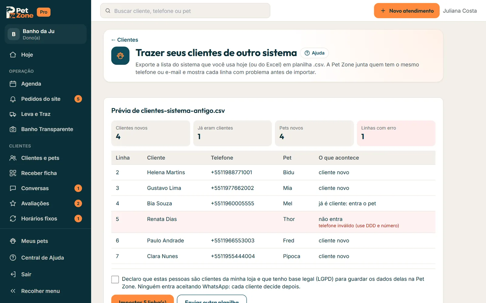 Prévia da importação
