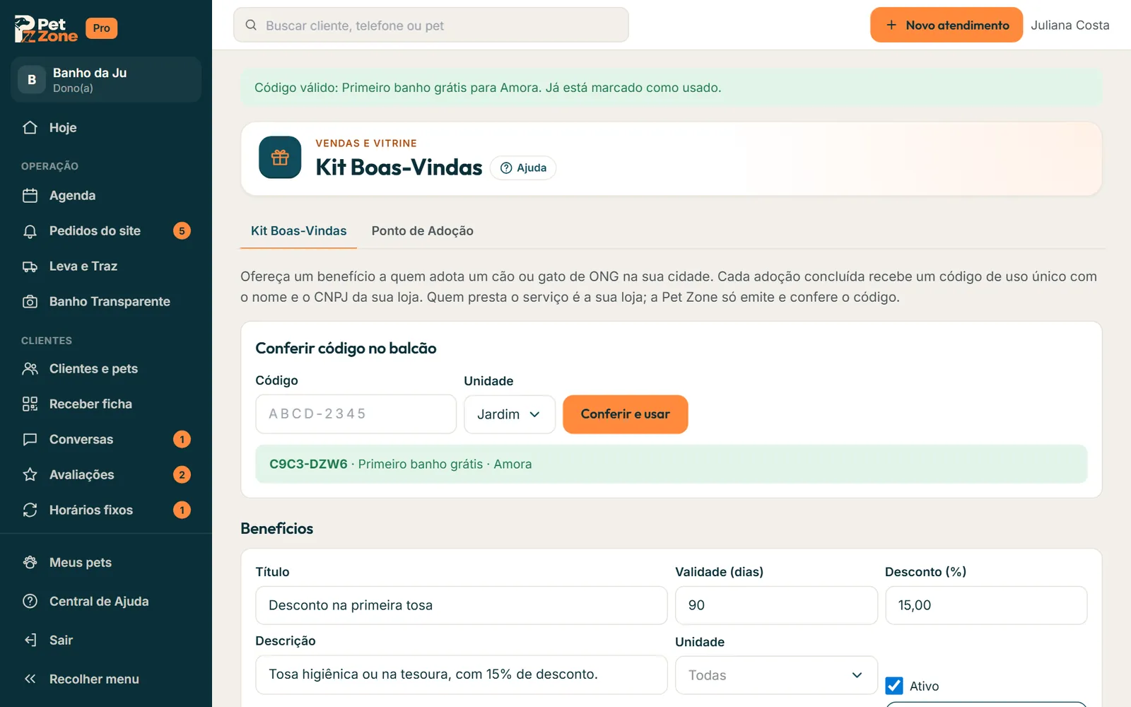 Conferir código no balcão com um código válido