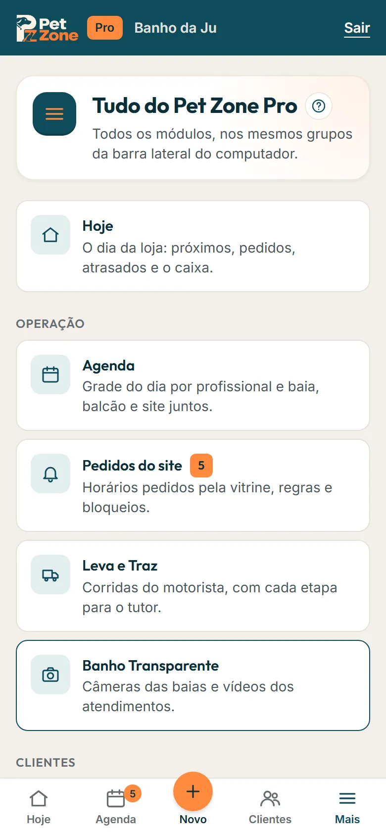 Página Mais no celular com todos os módulos em grupos