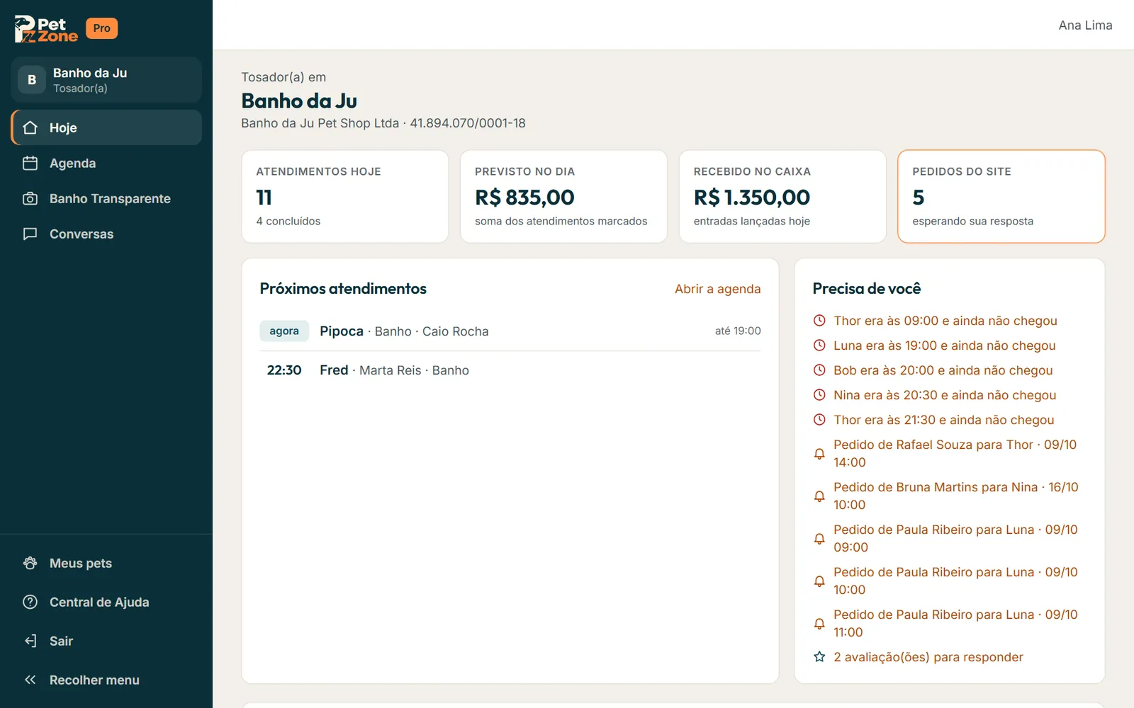 Menu de uma banhista com Hoje, Agenda, Banho Transparente e Conversas