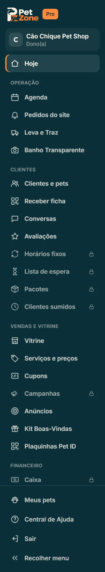 Itens do menu com cadeado, como Horários fixos e Clientes sumidos