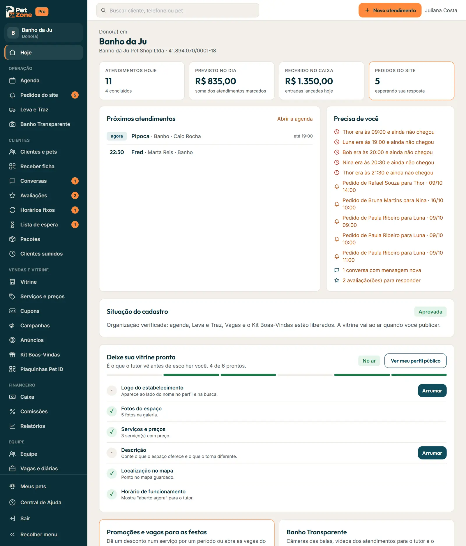 Barra lateral do computador com os grupos Operação, Clientes, Vendas e vitrine, Financeiro e Conta