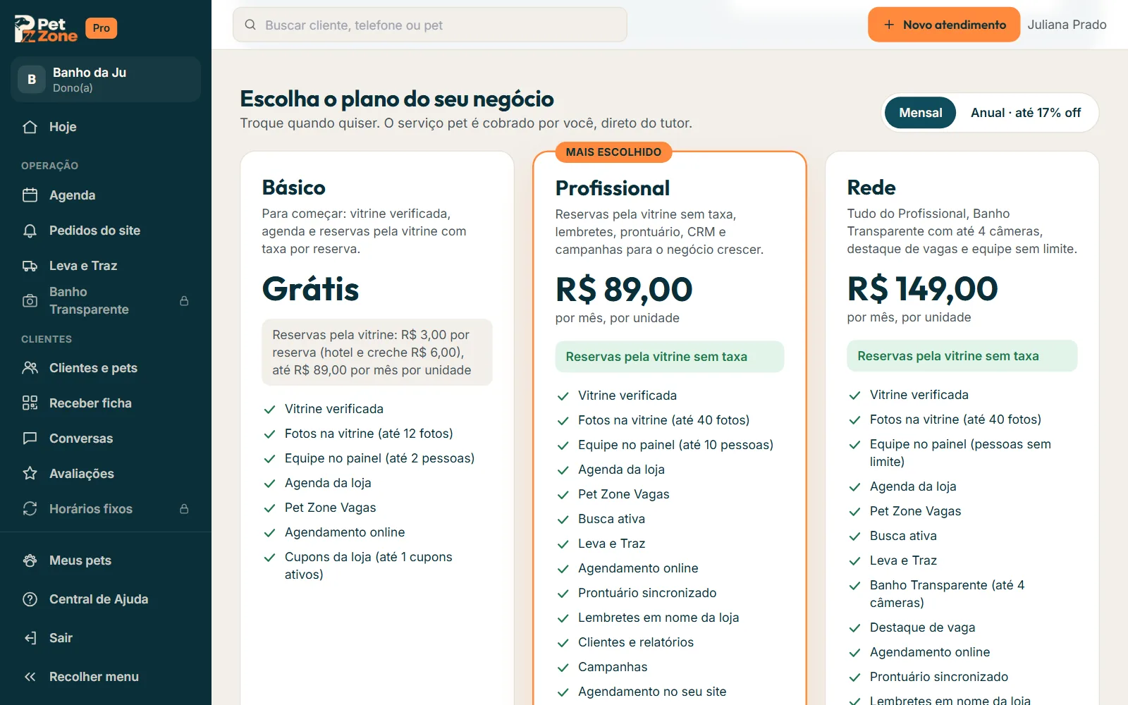 Meu plano com o plano atual, os cartões dos planos e a escolha Mensal ou Anual