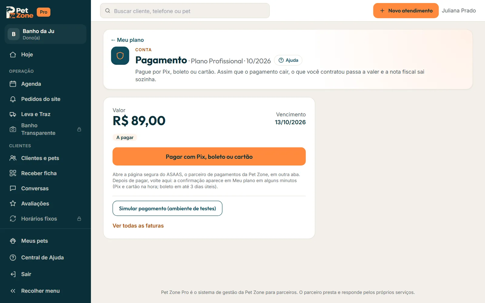 Tela Pagamento com o valor, o vencimento e o botão Pagar com Pix, boleto ou cartão