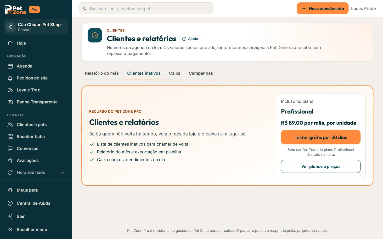 Quadro do recurso fora do plano com o que ele resolve, o plano que inclui e o botão Testar grátis