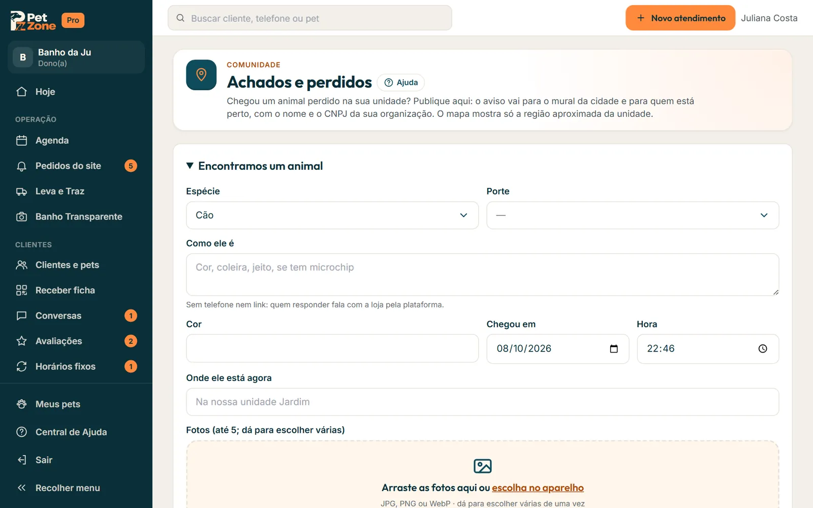 Formulário Encontramos um animal