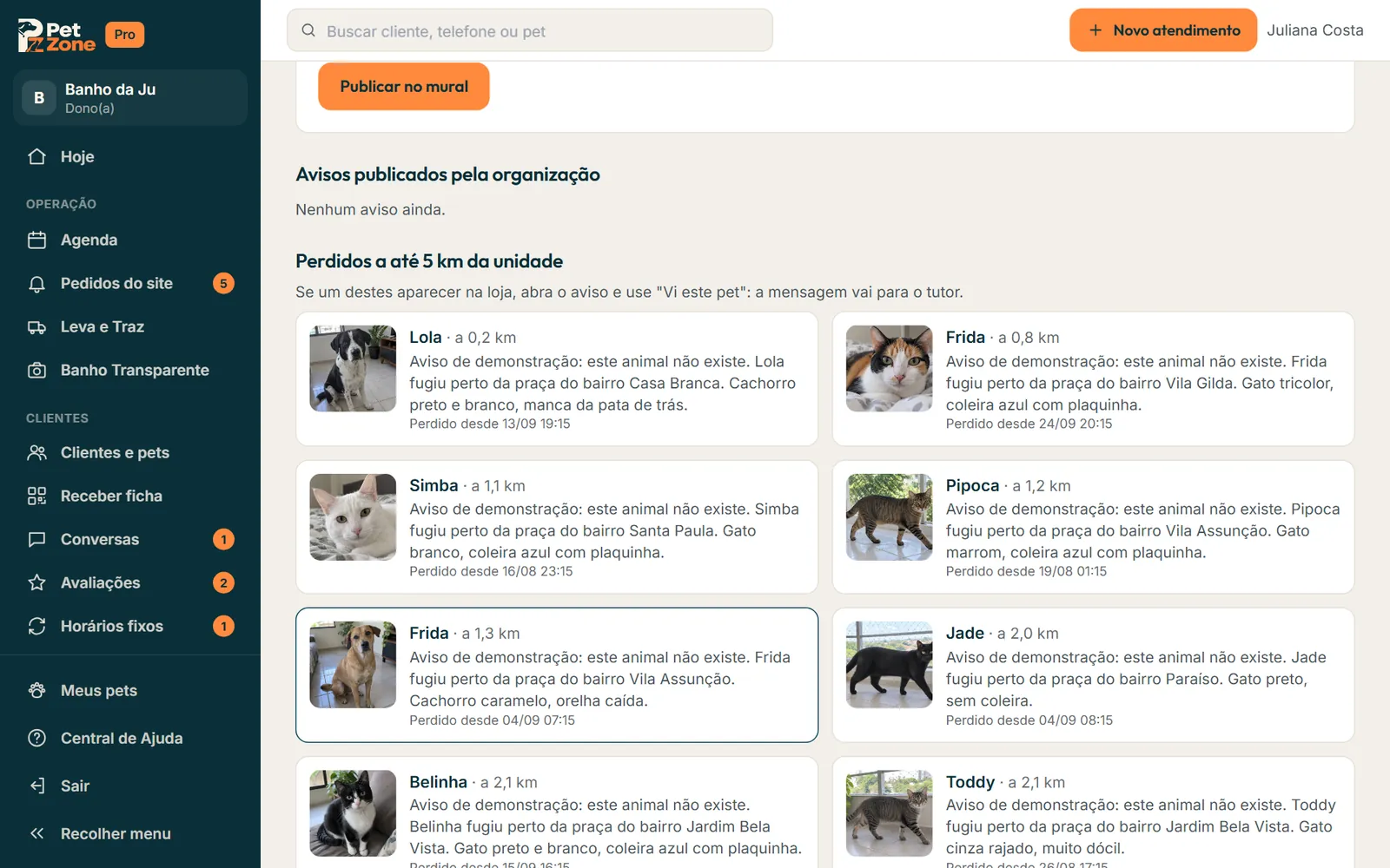 Avisos publicados pela loja e os perdidos perto da unidade