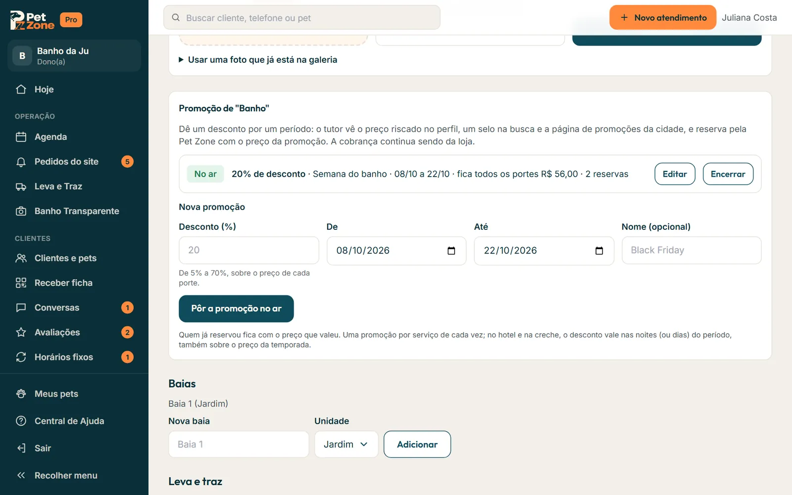 Promoção do serviço Banho no ar, com o desconto, o período, os preços com desconto e as reservas