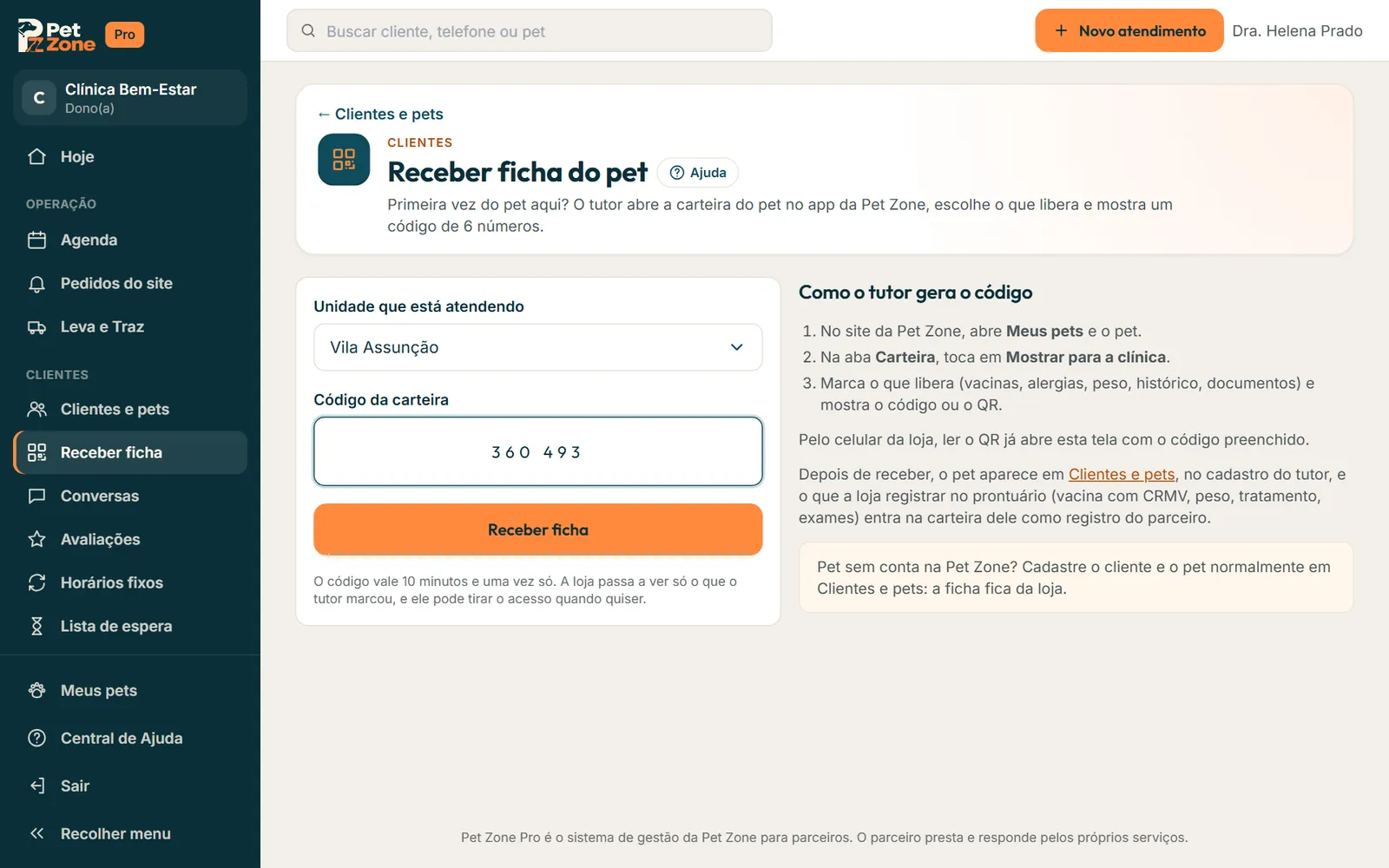 Tela Receber ficha do pet